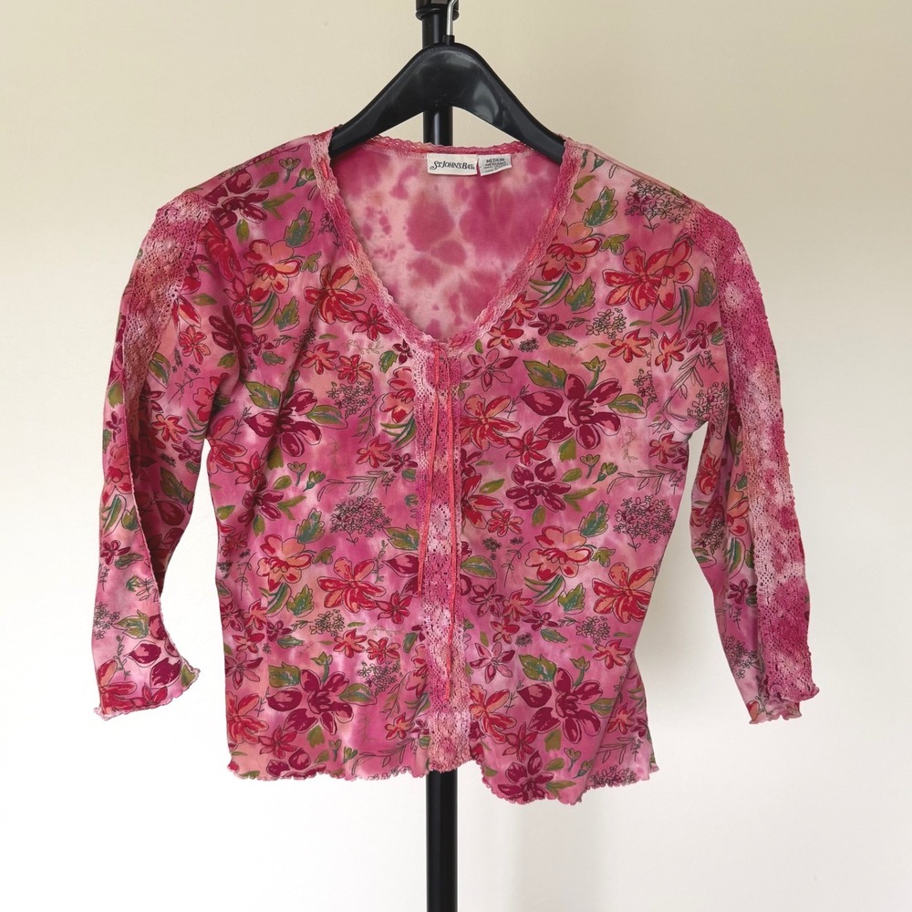 Y2K Boho Fairy Womens Pink Tie Dye Floral Lace Trim 3/4 Sleeve Cotton Top Medium - Picture 2 of 7